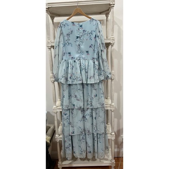 Anthropologie Mac Duggal Ruffled Floral Print Illusion Long Sleeve Gown Dress 14 - Picture 9 of 9